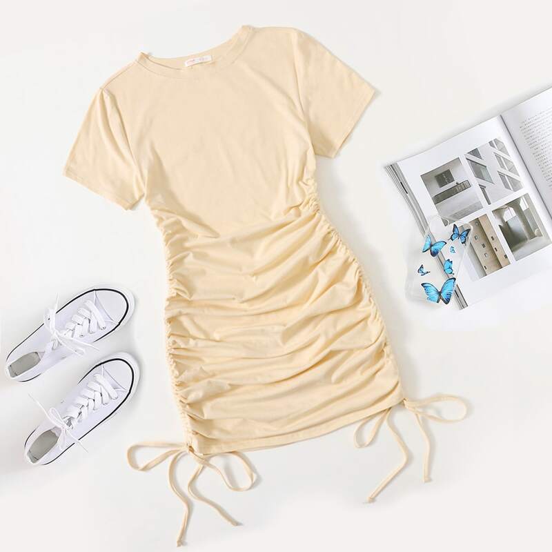 

Side Drawstring Tee Dress, Apricot