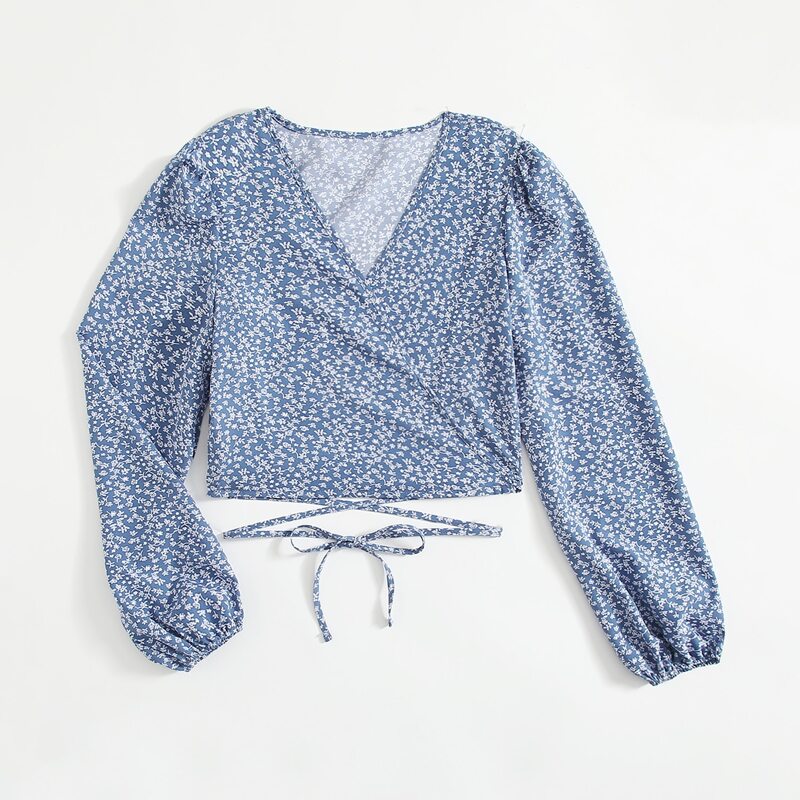 

Ditsy Floral Wrap Blouse, Dusty blue