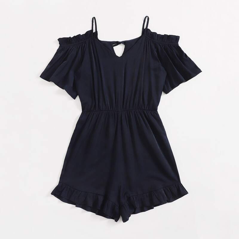 

Cold Shoulder Frill Trim Romper, Royal blue