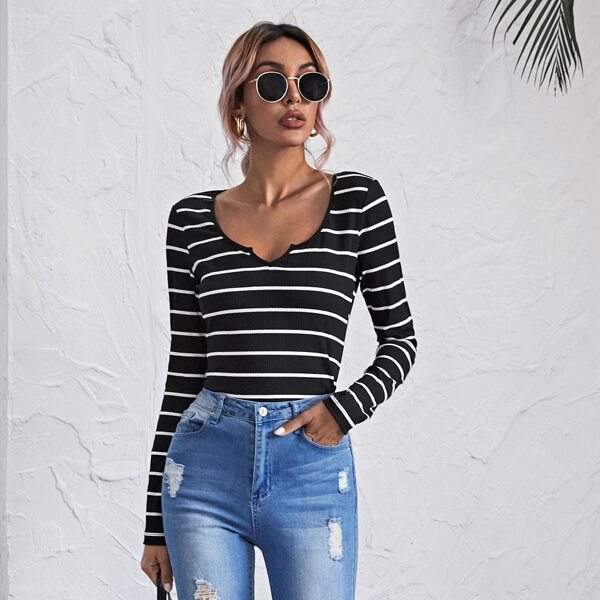 

Striped Notched Neckline Tee, Black