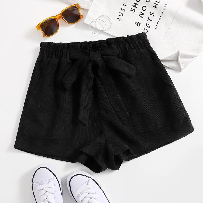 

Paperbag Waist Knotted Shorts, Black