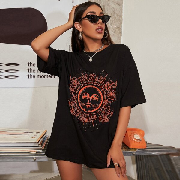 

Abstract Galaxy And Floral Print Boyfriend Tee, Black