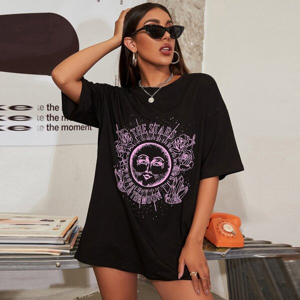 

Abstract Galaxy And Floral Print Boyfriend Tee, Black