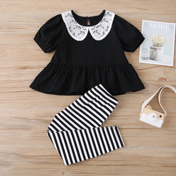 

Toddler Girls Peter Pan Collar Tee & Striped Leggings, Black and white