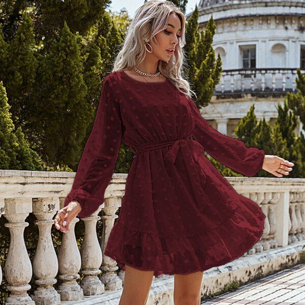 

Swiss Dot Belted Ruffle Hem Swing Dress, Maroon