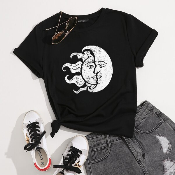 

Abstract Sun And Moon Print Tee, Black
