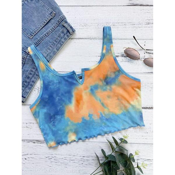 

Notched Tie Dye Lettuce Trim Tank Top, Multicolor
