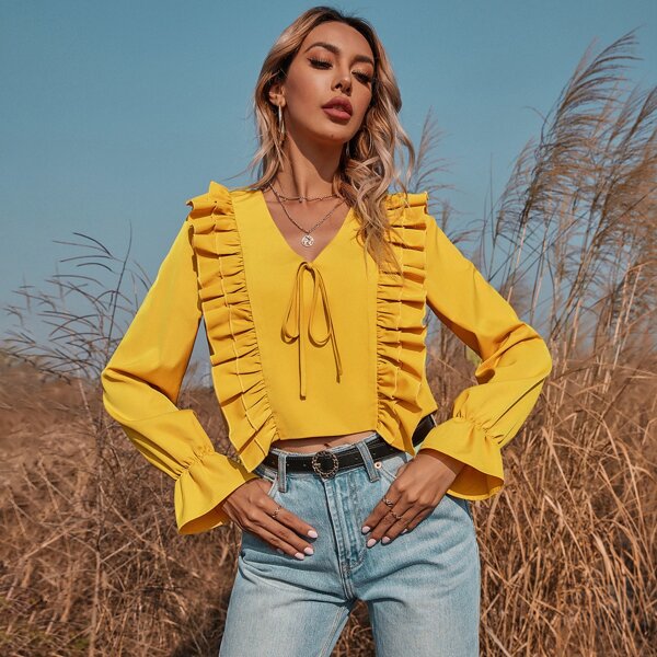 

Ruffle Trim Flounce Sleeve Crop Blouse, Yellow