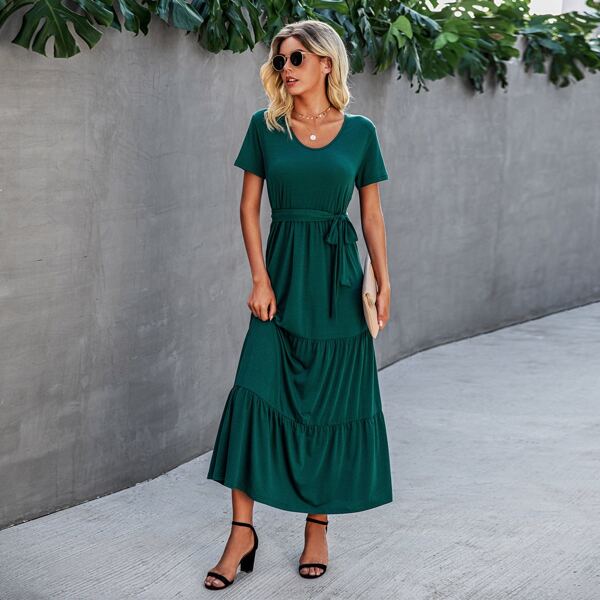 

Solid Ruffle Hem Belted Dress, Dark green