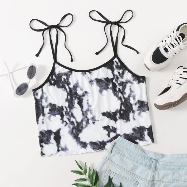 

Plus Tie Dye Knot Shoulder Crop Cami Top, Black and white