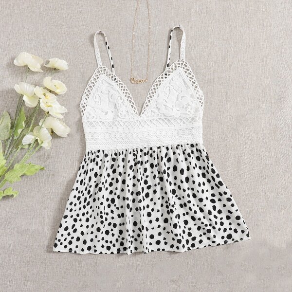

Plus Dalmatian Print Guipure Lace Panel Peplum Cami Top, Black and white