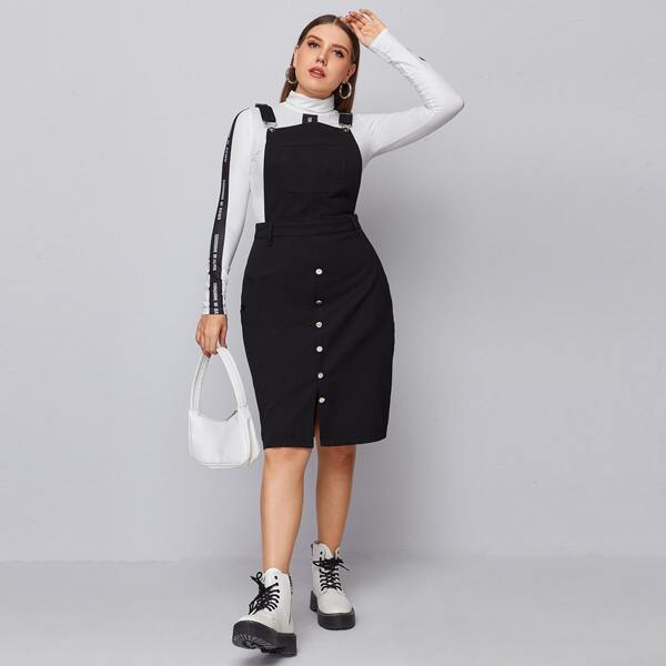 

Plus Button Front Solid Denim Overall Dress, Black
