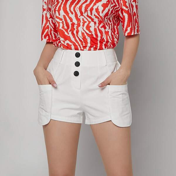 

Button Front Patch Pocket Shorts, White