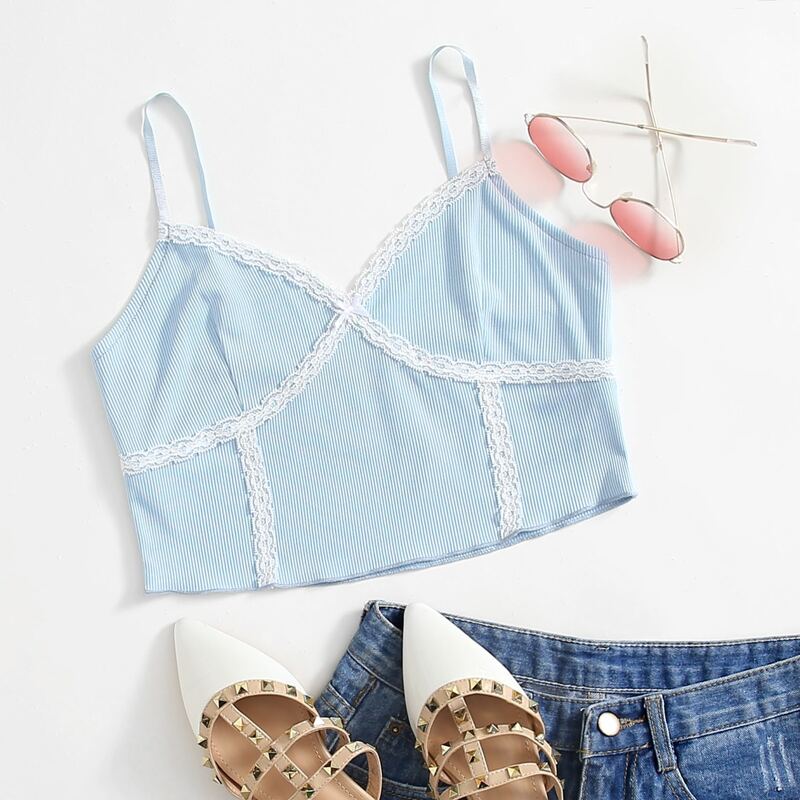 

Contrast Lace Ribbed Cami Top, Baby blue