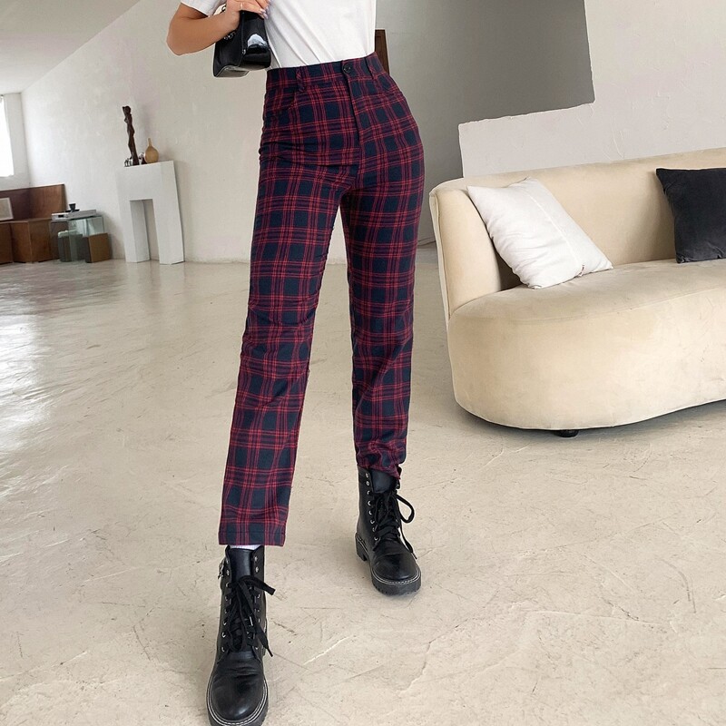 

High Waist Plaid Straight Pants, Multicolor