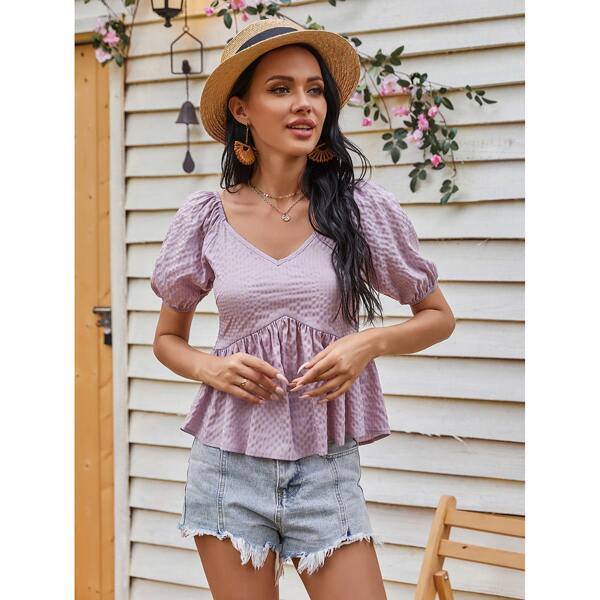 

Puff Sleeve Gingham Print Peplum Blouse, Dusty purple
