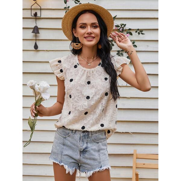 

Ruffle Trim Polka Dot Fuzzy Blouse, Apricot