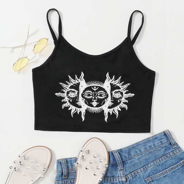 

Graphic Print Crop Cami Top, Black