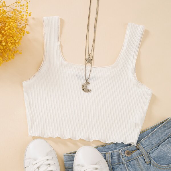 

Lace Trim Rib-knit Tank Top, White