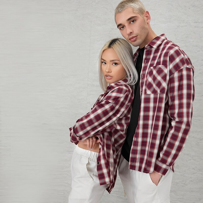 

Guys 1 PC Drop Shoulder Plaid Shirt, Red and white