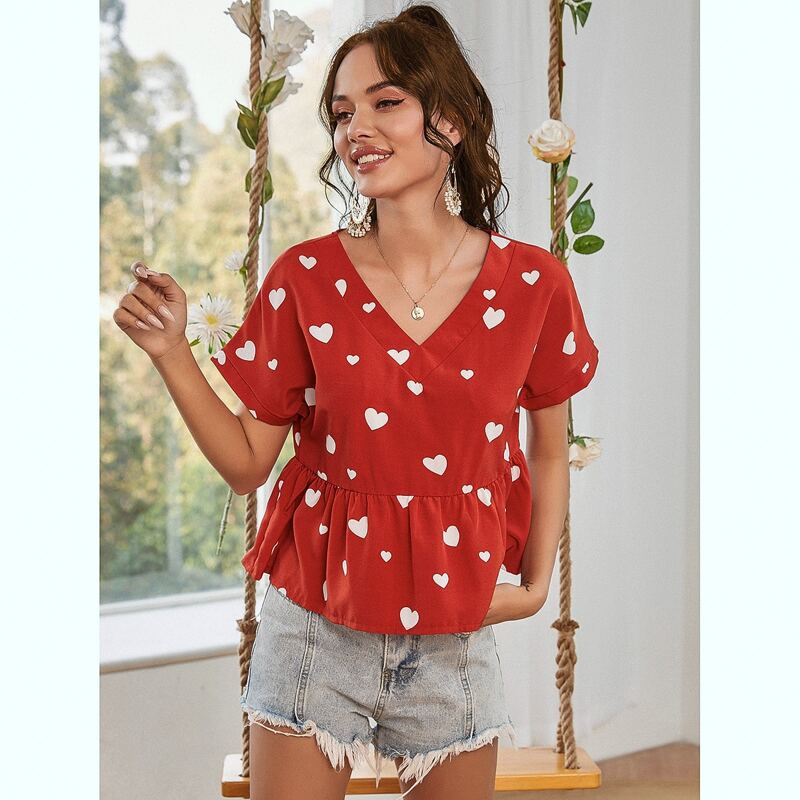 

Heart Print V Neck Peplum Blouse, Red