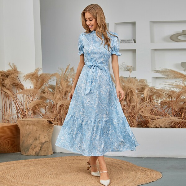 

Paisley Print Flounce Sleeve Belted Ruffle Hem Dress, Baby blue