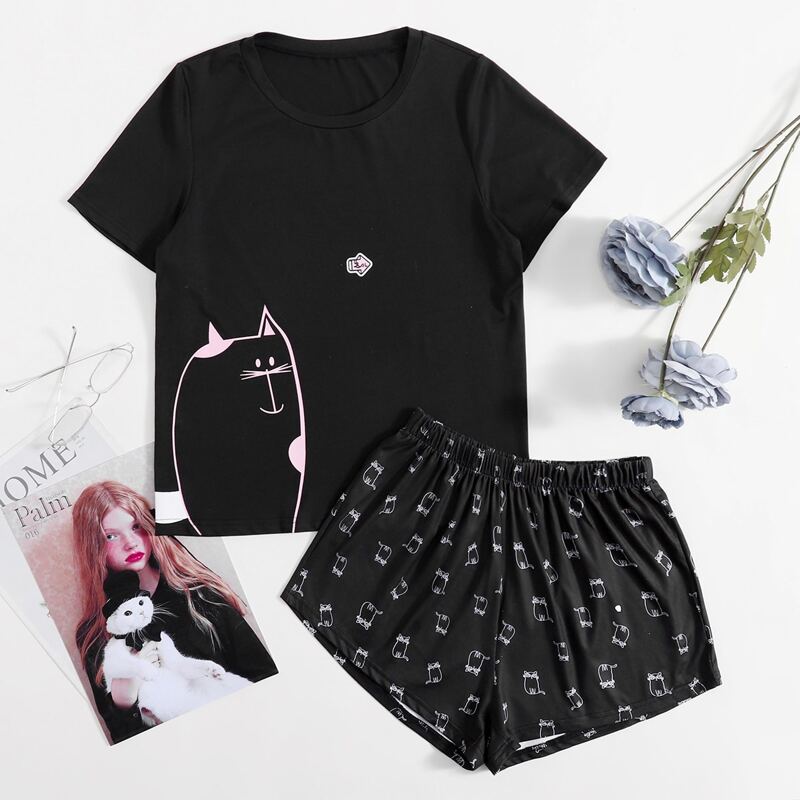 

Cartoon Graphic Pajama Set, Black