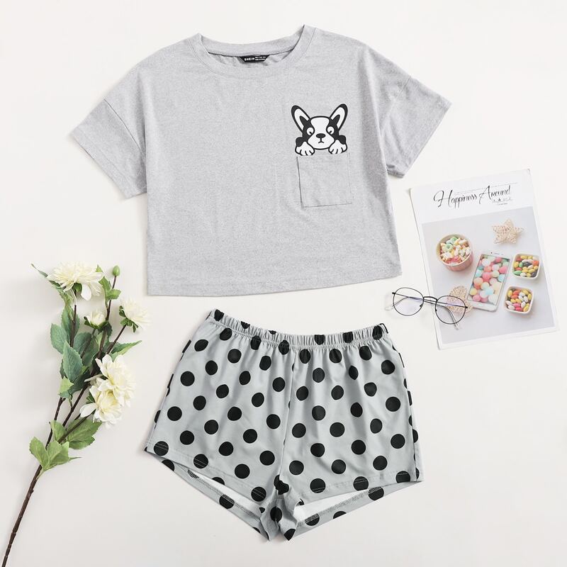 

Dog And Polka Dot Print Pajama Set, Grey