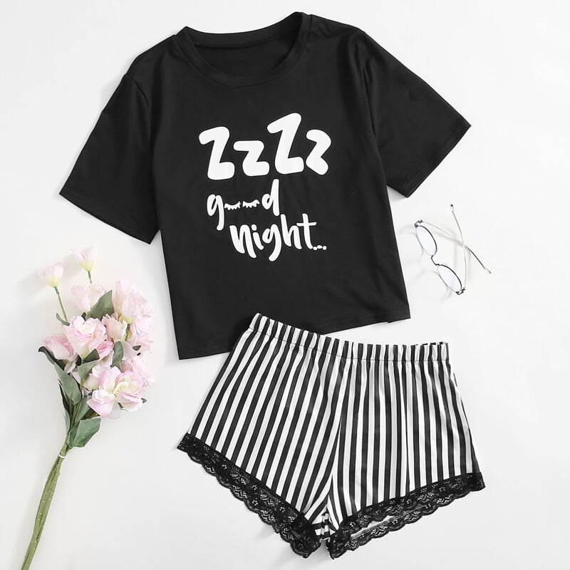 

Stripe And Letter Graphic Lace Insert Pajama Set, Black and white