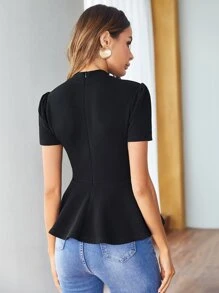 SHEIN Clasi 後拉鏈素色荷葉邊下擺上衣 - 黑色 - 查看 3