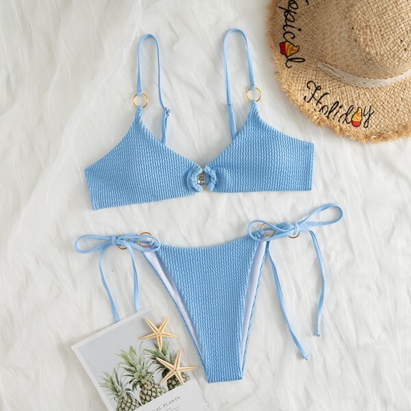 

Ring Detail Tie Side Bikini Swimsuit, Baby blue