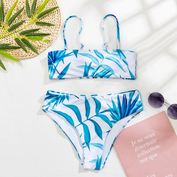 

Palm Leaf Print Bikini Swimsuit, Blue and white