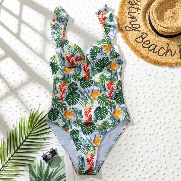 

Tropical Ruffle Push Up One Piece Swimsuit, Multicolor