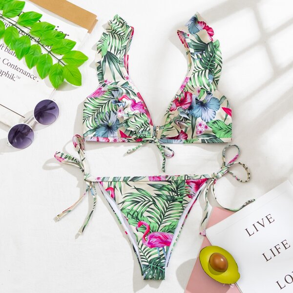

Floral & Tropical Ruffle Trim Tie Side Bikini Swimsuit, Multicolor