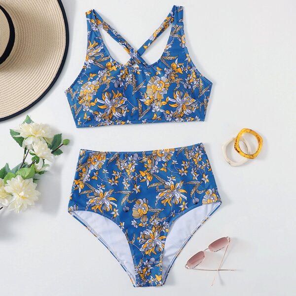 

Plus Floral High Waisted Bikini Swimsuit, Multicolor