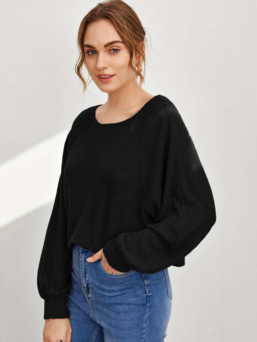 SHEIN Top tejido waffle de manga murciélago - Negro - Ver 1