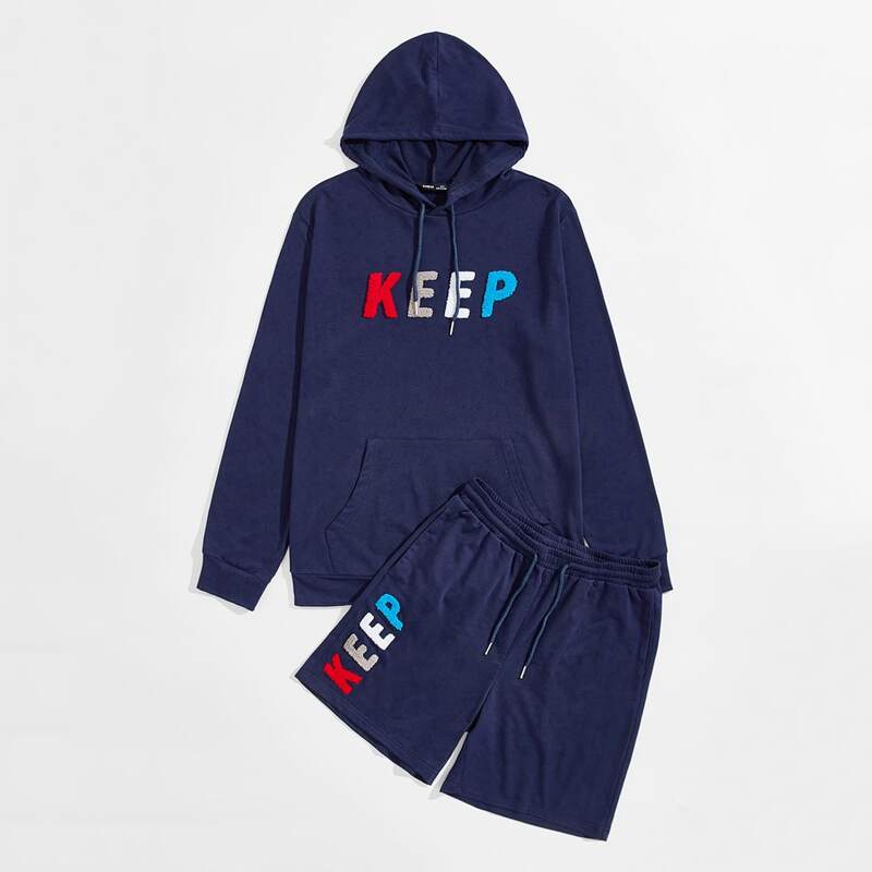 

Guys Letter Embroidery Hoodie & Track Shorts Set, Navy blue