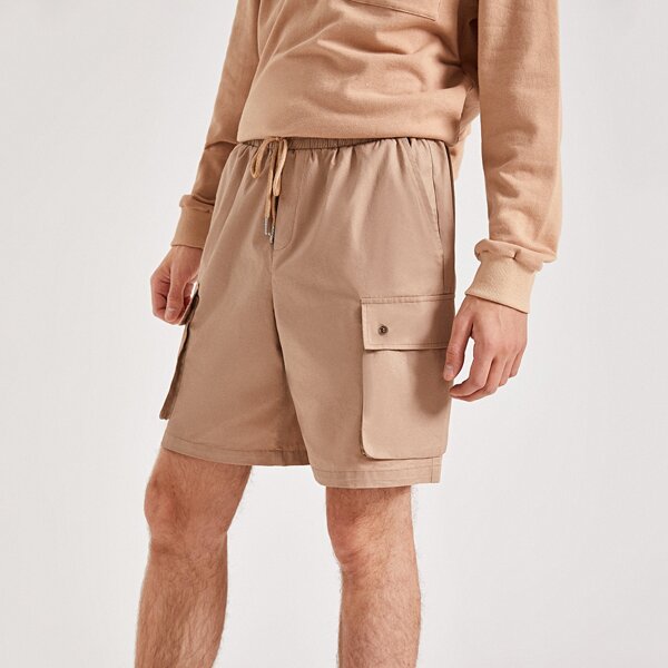 

Men Drawstring Waist Flap Pocket Shorts, Khaki