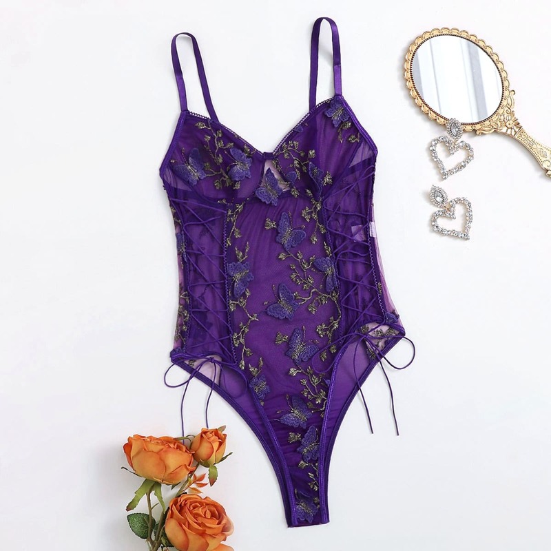 

Butterfly Embroidered Mesh Teddy Bodysuit, Violet purple