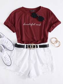SHEIN EZwear Camiseta con estampado de slogan - Burdeos - Ver 1