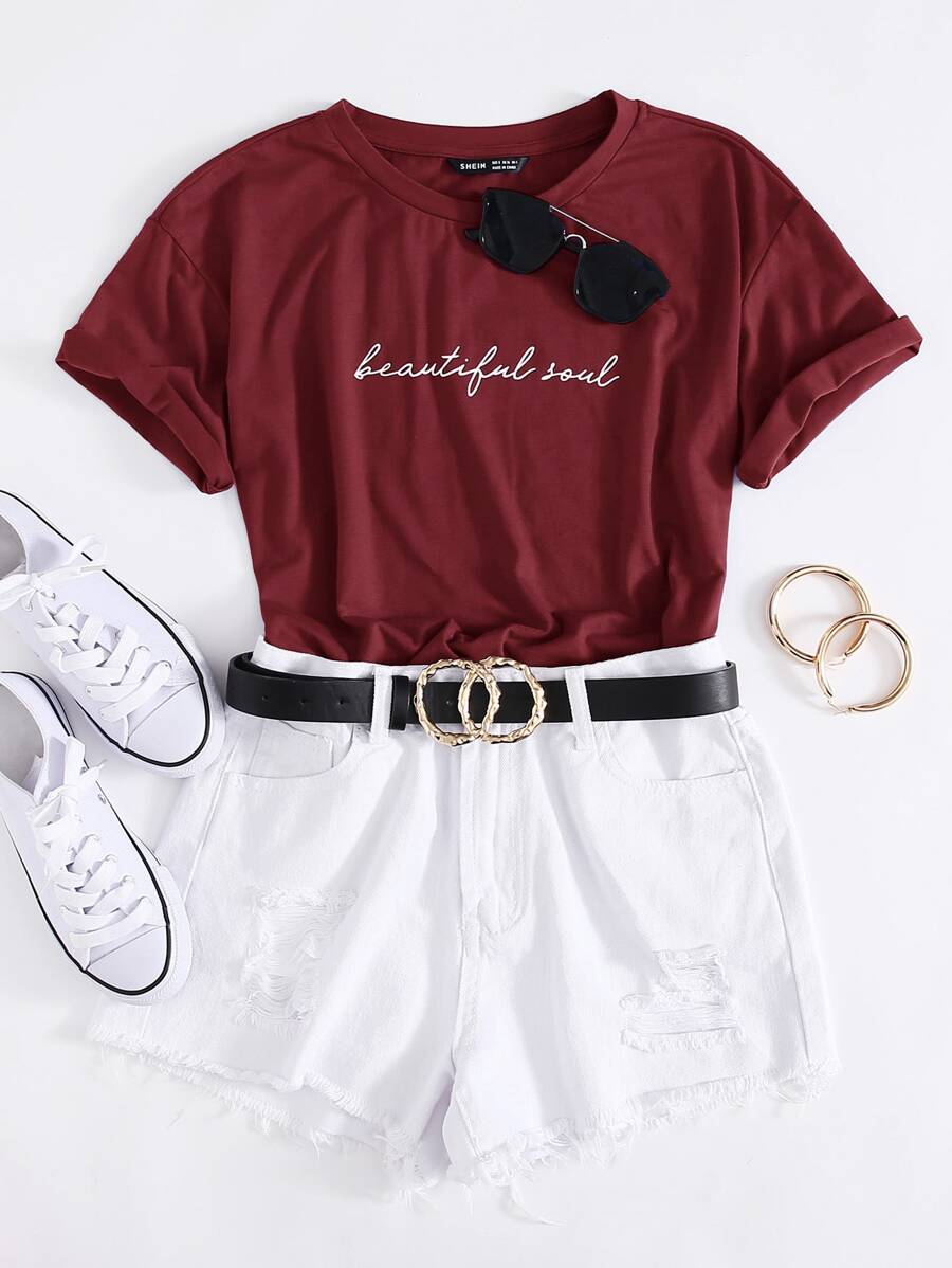 SHEIN EZwear Camiseta con estampado de slogan - Burdeos - Ver 1