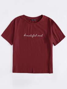 SHEIN EZwear Camiseta con estampado de slogan - Burdeos - Ver 3