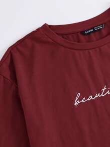 SHEIN EZwear Camiseta con estampado de slogan - Burdeos - Ver 5