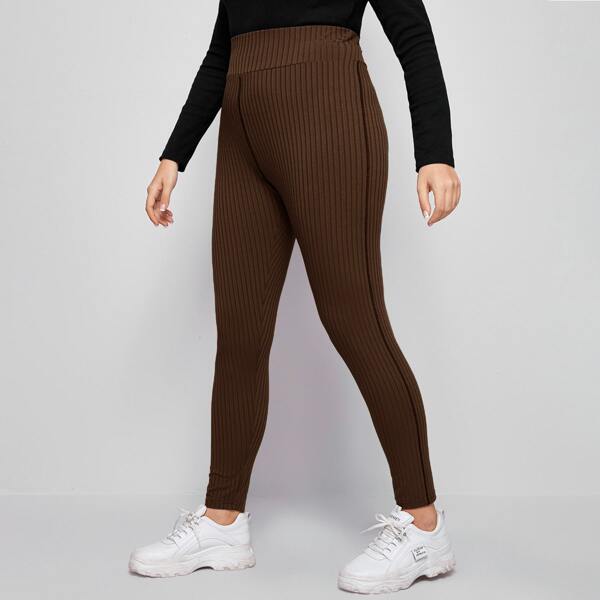 

Plus Wide Waistband Rib-knit Leggings, Coffee brown