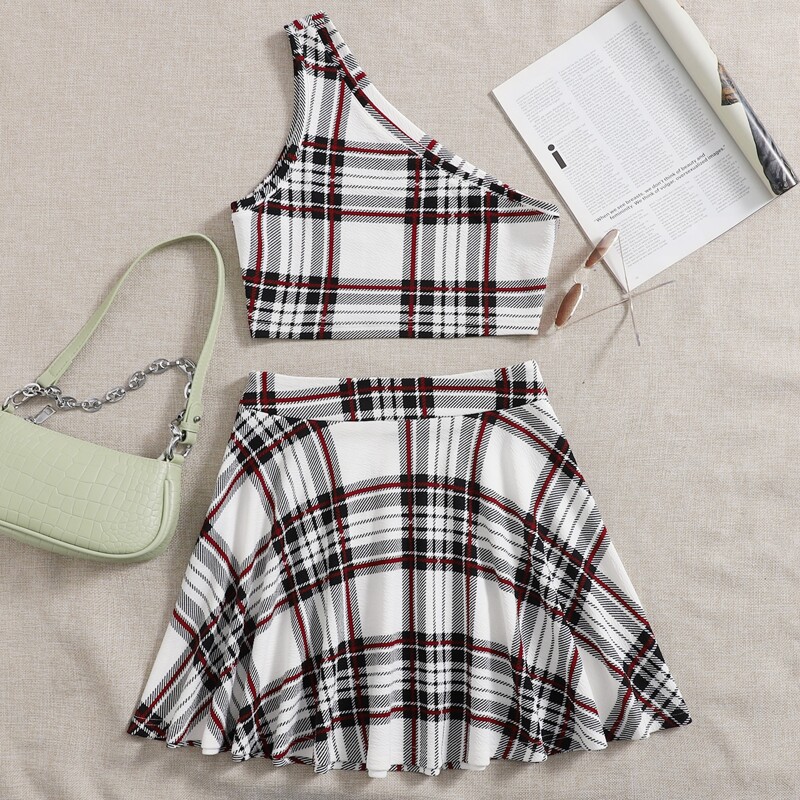 

Plaid Print One Shoulder Top With Skirt, Multicolor