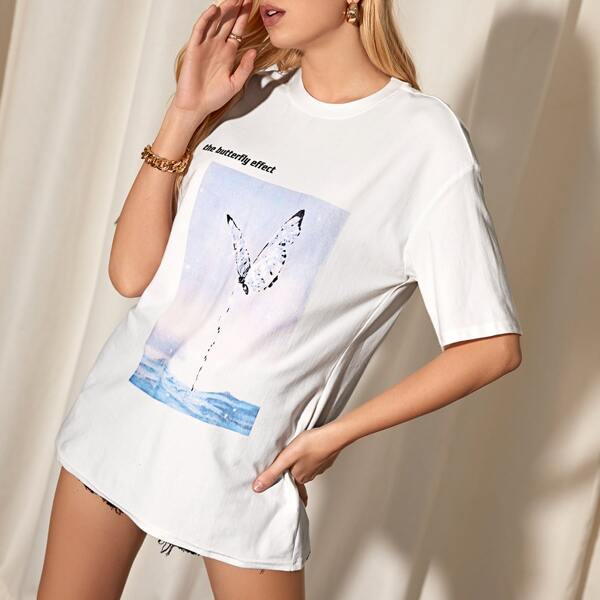 

Butterfly And Letter Graphic Drop Shoulder Tee, White