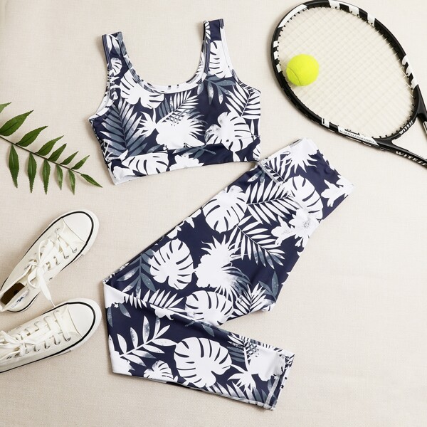 

All Over Tropical Print Sports Bra With Wide Band Waist Leggings, Blue and white