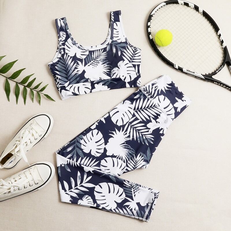 

All Over Tropical Print Sports Bra With Wide Band Waist Leggings, Blue and white
