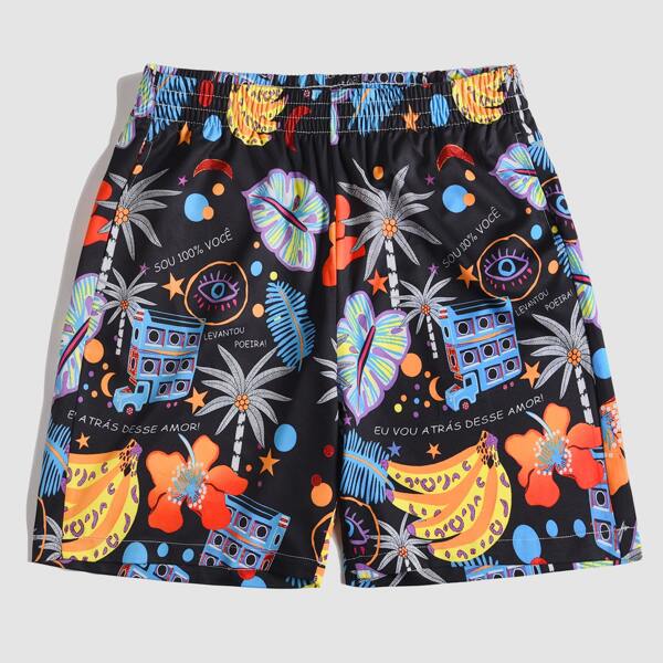 

Men Elastic Waist Tropical Shorts, Multicolor