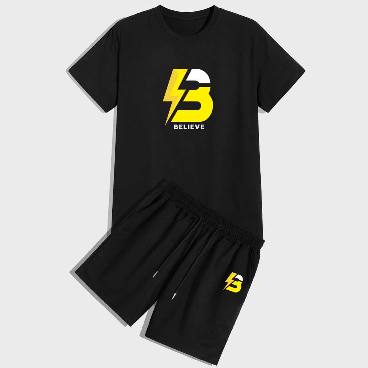 

Guys Letter Graphic Tee With Drawstring Waist Shorts, Black